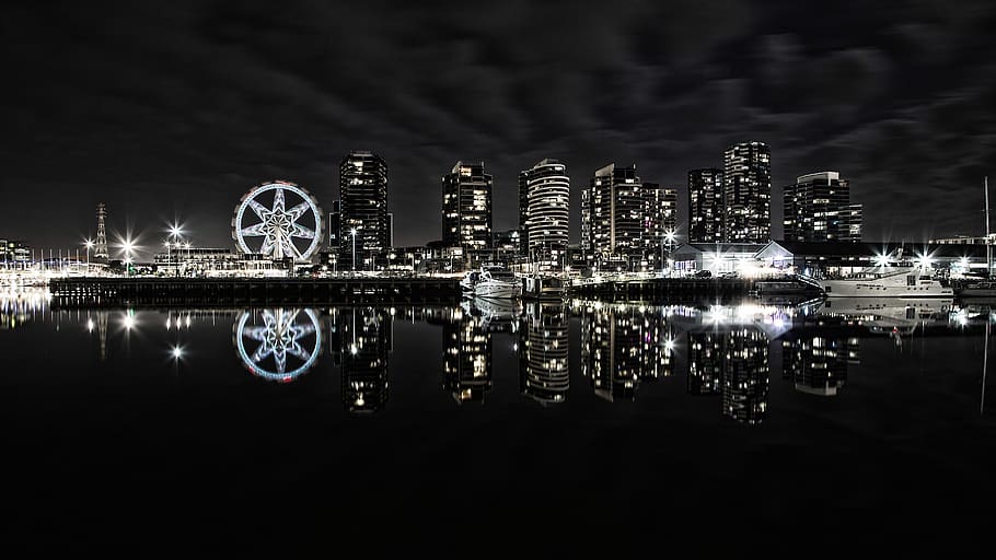 city during night, urban, town, building, high rise, wheel, machine