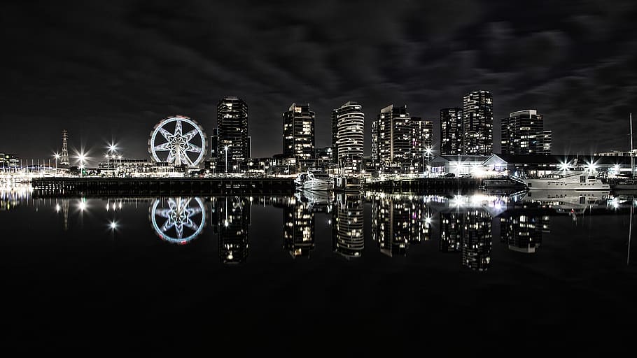 city during night, urban, town, building, high rise, wheel, machine HD wallpaper