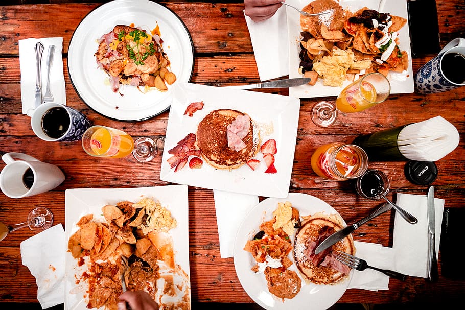 cooked food on table, food and drink, ready-to-eat, directly above HD wallpaper