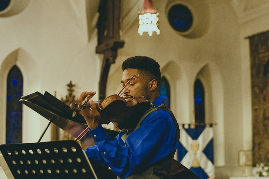Man Playing Violin Inside Building, indoors, musical instrument HD wallpaper