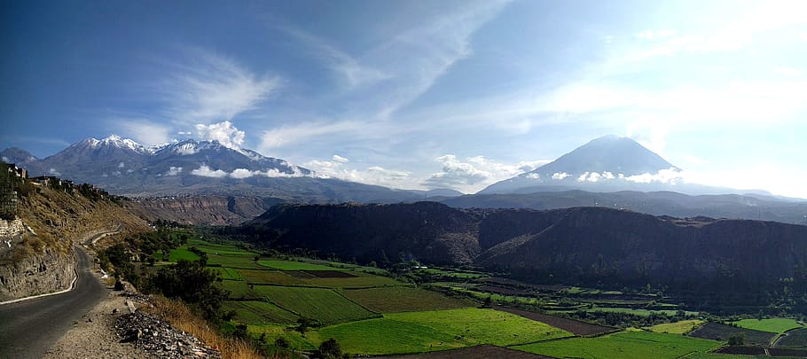 peru, cayma district, panorama, chachani, mountains, green HD wallpaper