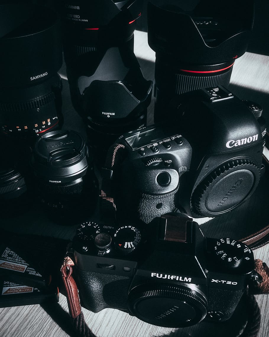 camera, gear, lenses, canon, fujifilm, samyang, black, product HD wallpaper