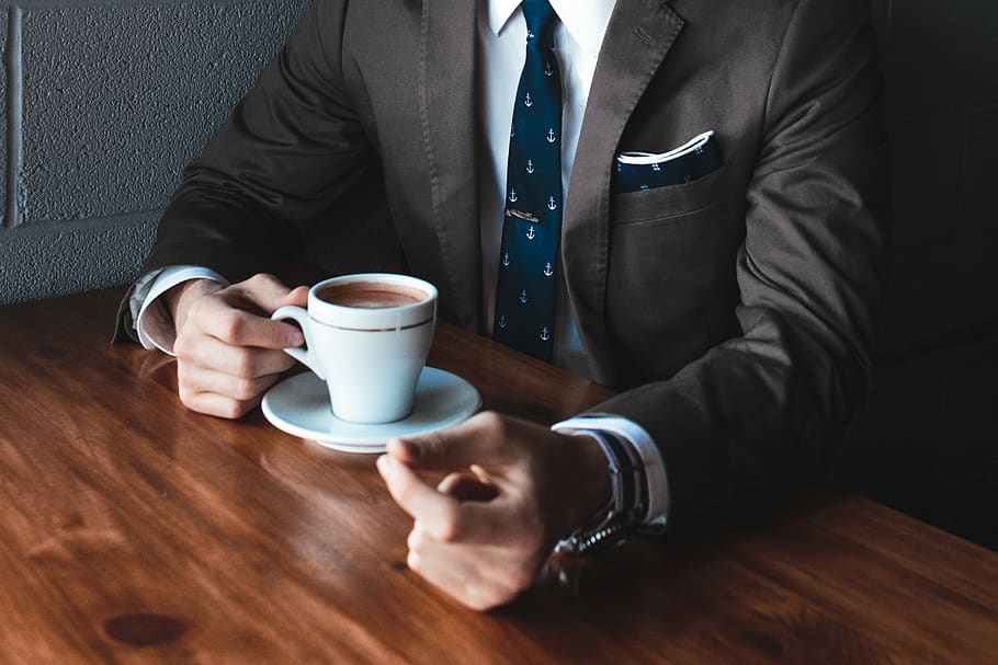 coffee, cup, man, mug, person, saucer, suit, table, coffee - drink HD wallpaper