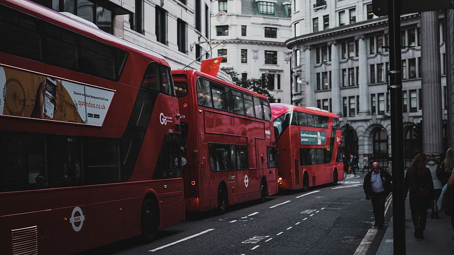 three red double decker buses, city, building exterior, architecture HD wallpaper