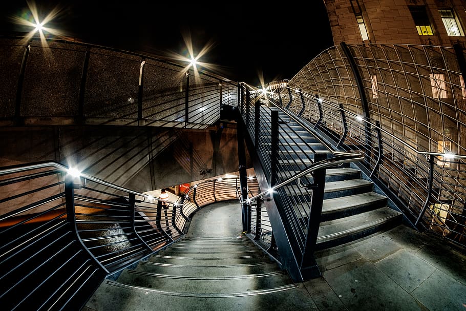 gray stairs, banister, handrail, railing, staircase, bridge london outdoors winter 2018 fisheye wideangle HD wallpaper