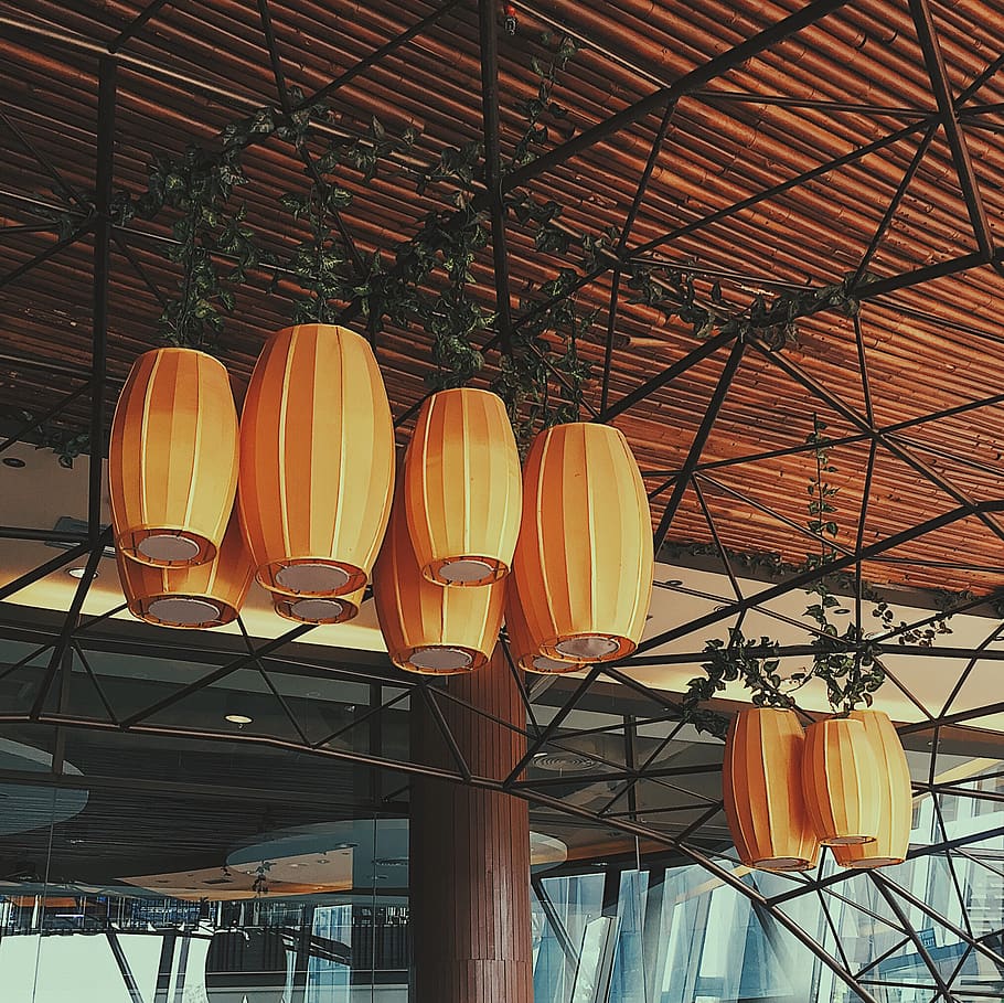 lights, decor, orange, interiors, low angle view, no people HD wallpaper