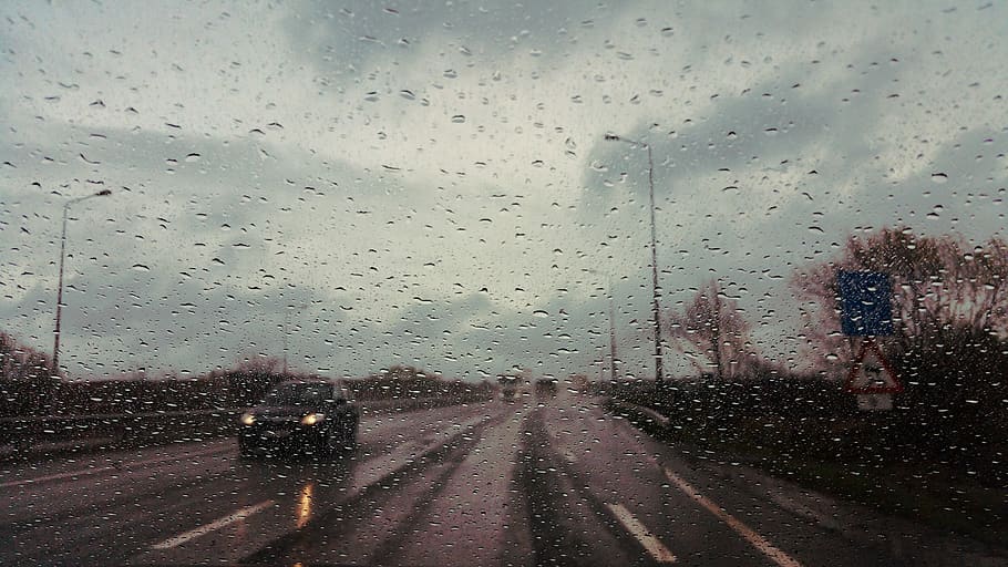 windshield covered in water dew, road, street, raindrop, droplet HD wallpaper