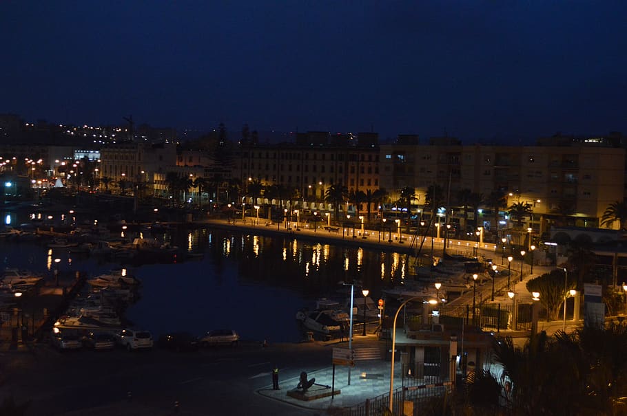 spain, melilla, lights, sea, city, waterfront, morocco, illuminated HD wallpaper