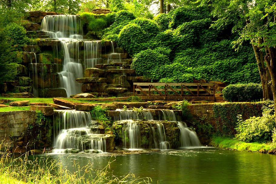 waterfall, landscape, nature, cascade, scenic, outdoors, green HD wallpaper