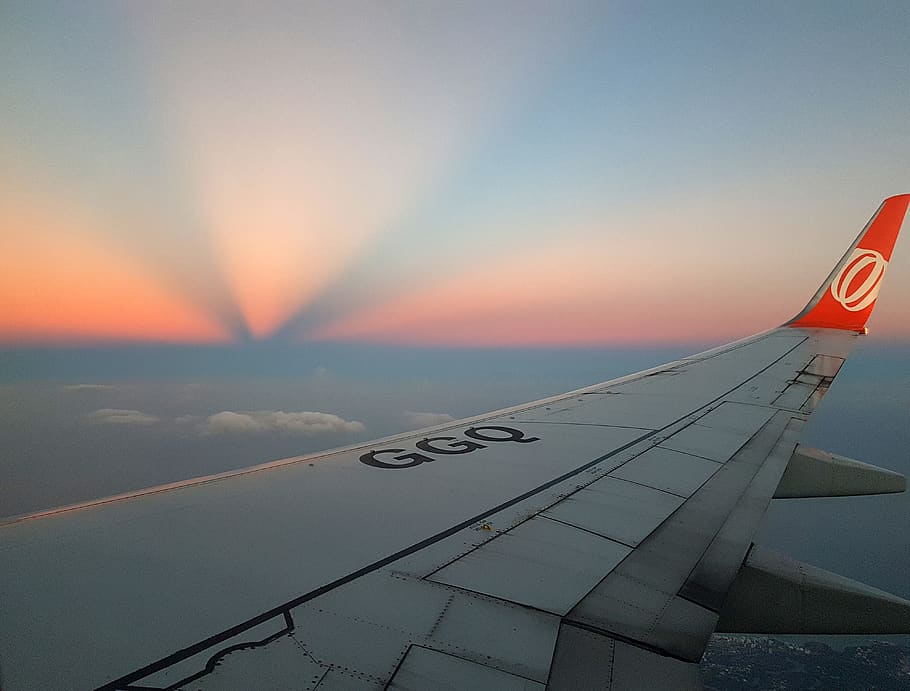 aircraft wing over sun rays, jet, sky, airplane, aeroplane, boat HD wallpaper