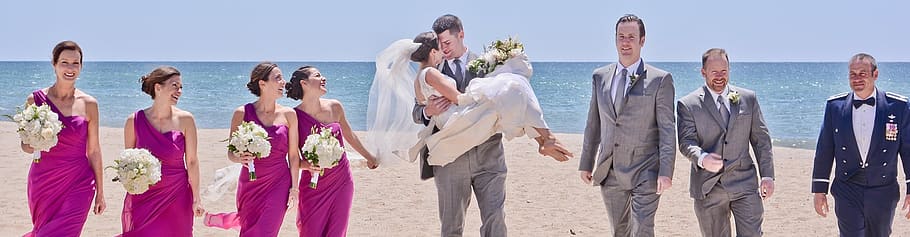 wedding, beach, bride, groom, frieds, bridesmaids, carrying on hands HD wallpaper