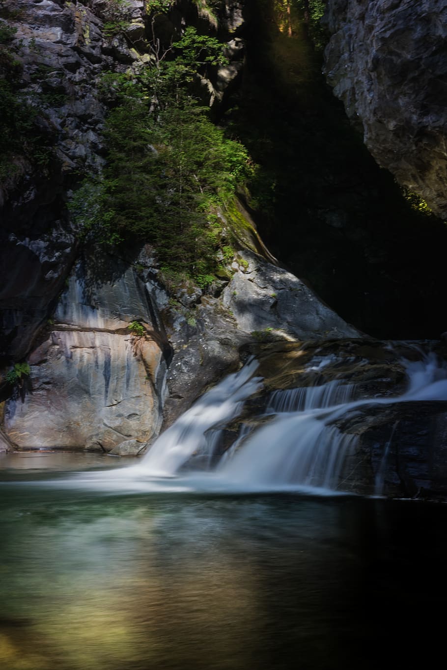 trees, lake, forest, mountains, water, weather, waterfall, cliffs HD wallpaper