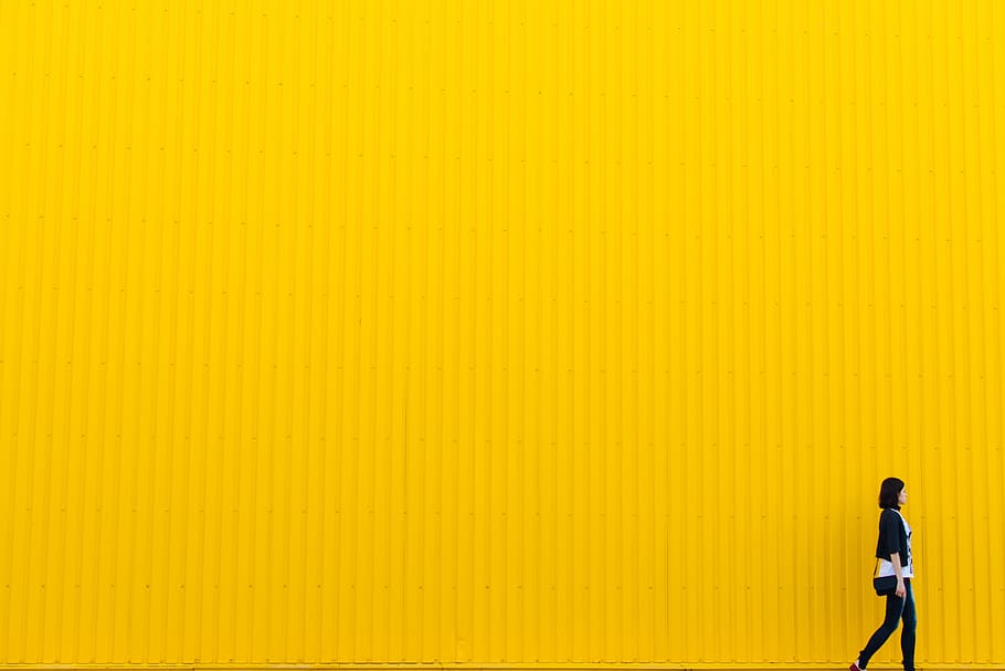 yellow, wall, building, architecture, girl, woman, people, real people HD wallpaper
