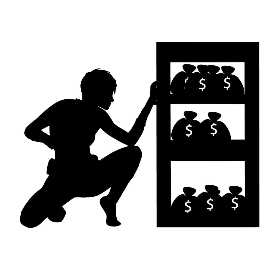 Silhouette of thief stealing bags of money., rob, burglar, trying
