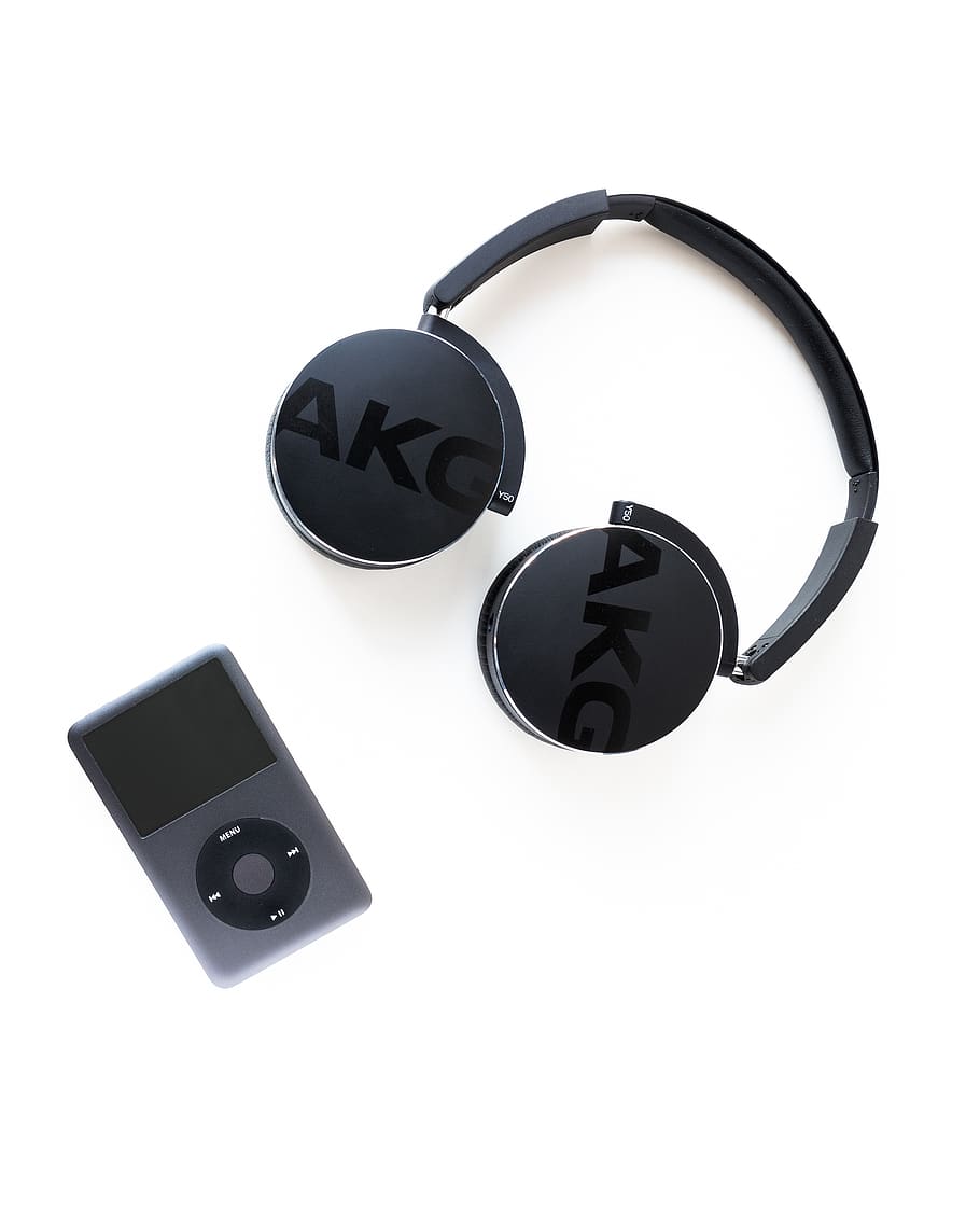 black AKG wireless headphones, ipod, music, flatlay, electronics, HD wallpaper
