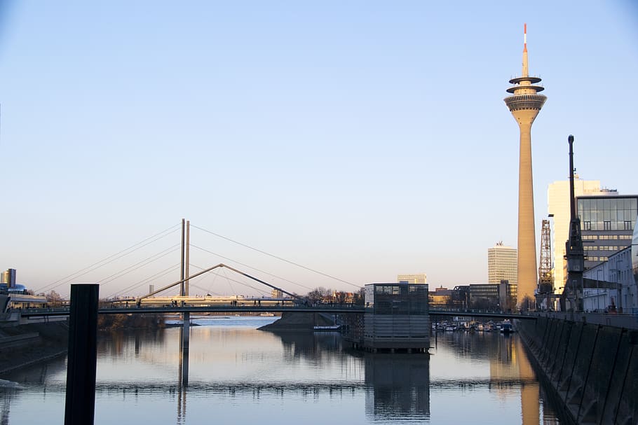 düsseldorf, germany, spring, nature, media harbour, bridge HD wallpaper