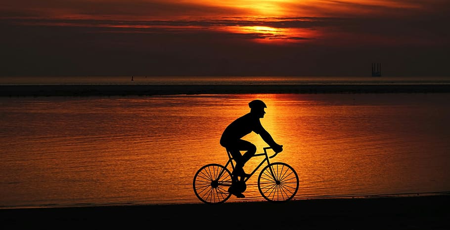 cyclist, silhouette, sunset, scene, design, wheel, bike, transportation, HD wallpaper