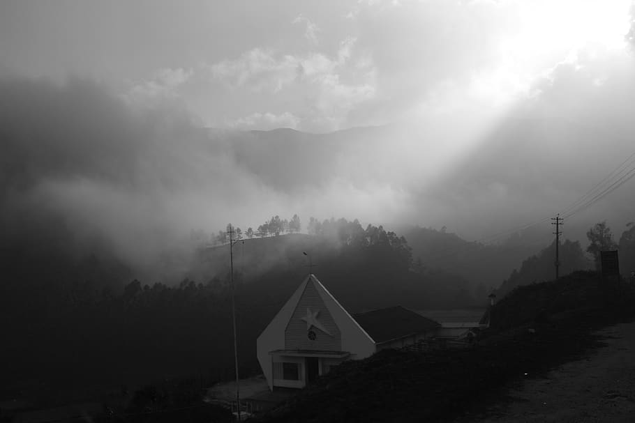 india, munnar, morning, sun, church, black and white, b+w, dramatic HD wallpaper