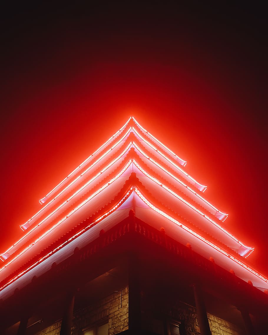 red LED strip on pagoda, light, united states, reading, 545 s 16th st, HD wallpaper