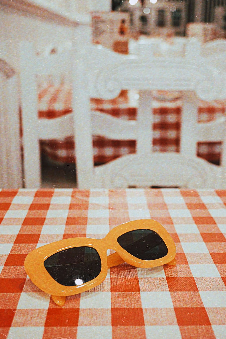 Sunglasses With Orange Frames on Checkered Tablecloth, chairs, HD wallpaper