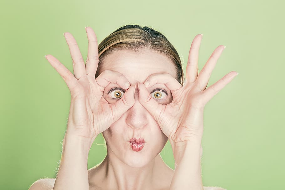 Woman Doing Goggles Hands Gesture, crazy, cute, eyes, lips, looking HD wallpaper