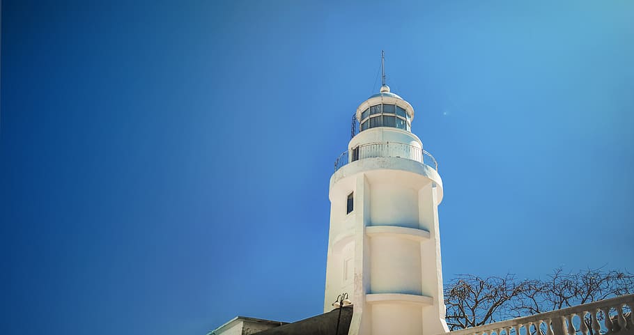 house, blue, white, sun, shiny, landscape, bluesky, light, lighthouse HD wallpaper