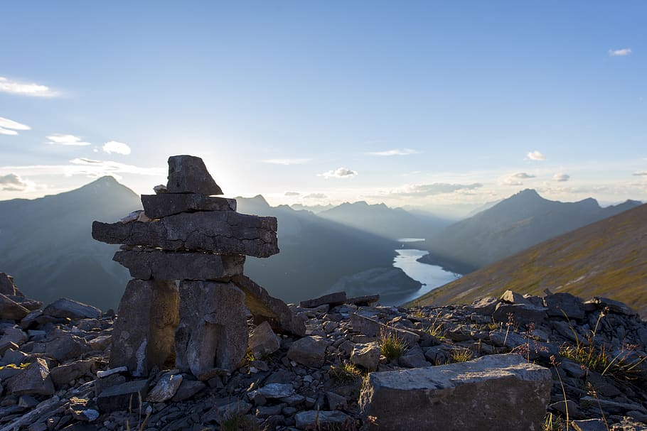 inukshuk, rock, nature, explore, sunset, lake, mountain, peak HD wallpaper