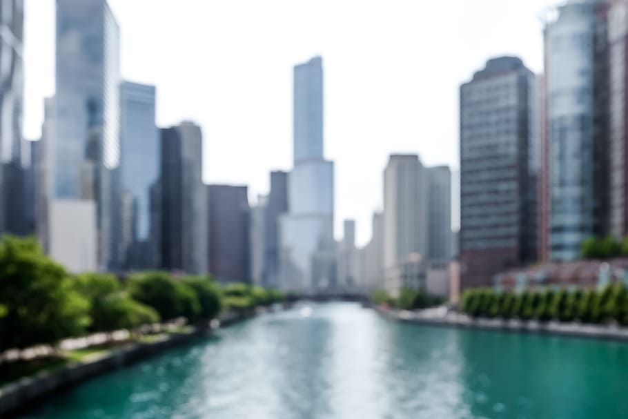 Chicago river blurred, architecture, background, blue, bokeh HD wallpaper