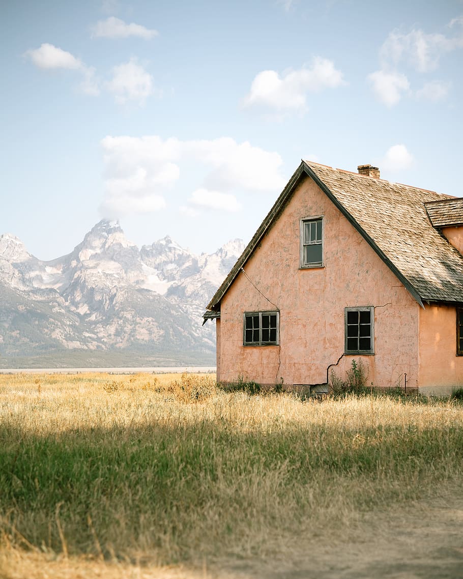 house surrounded with grass, field, mountain, cloud, peak, window HD wallpaper