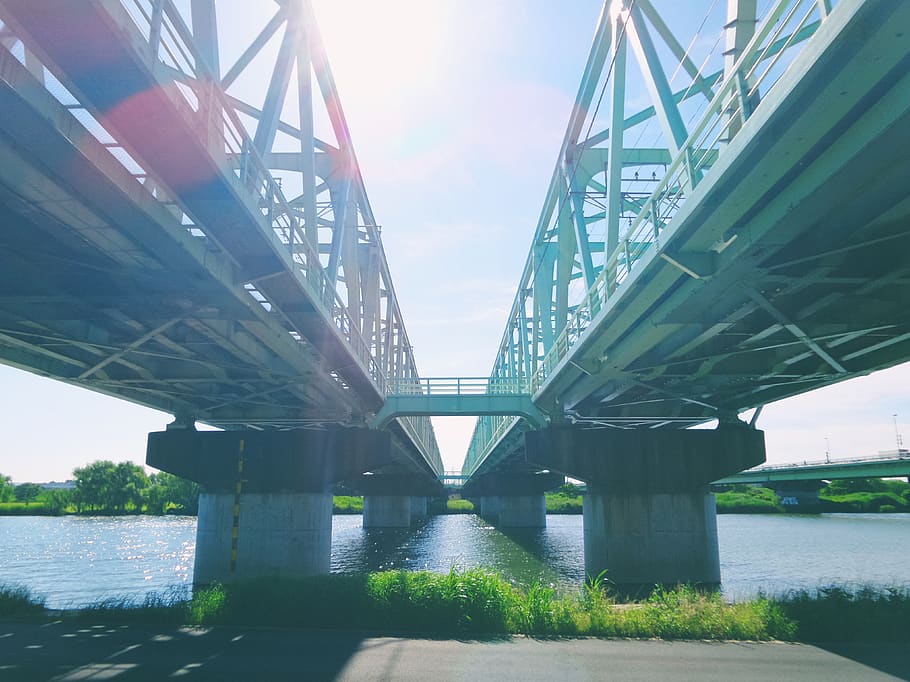 double, bridge, river, parallel, symmetry, sunny, blue, sky, HD wallpaper