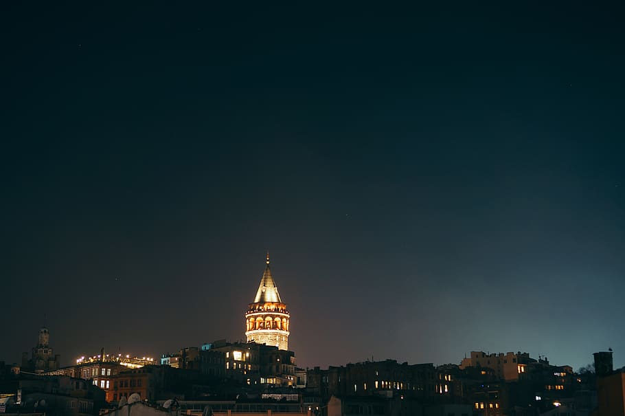 turkey, karaköy, istanbul, city, tower, lights, night, galata, HD wallpaper