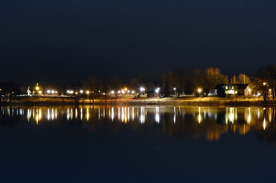 sweden, house, night, light, lights, lake, water, reflection HD wallpaper
