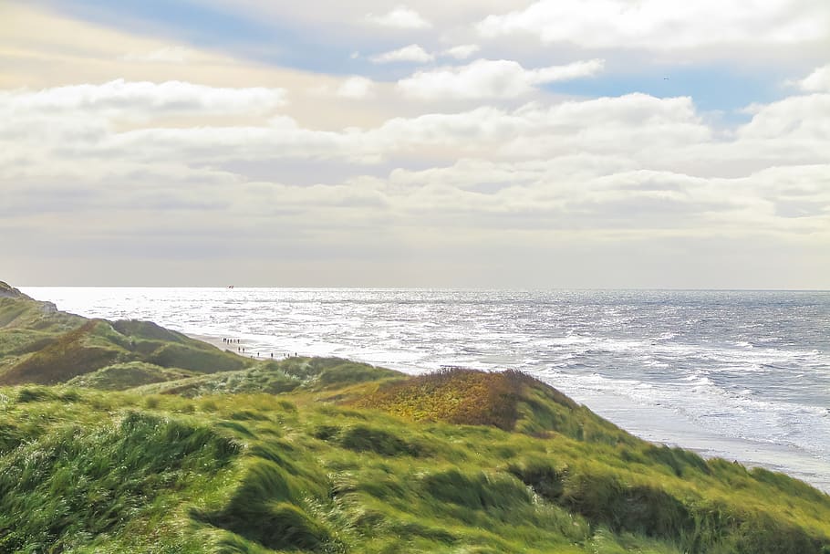 beach, sea, dune, sky, clouds, wide, vacations, denmark, nature HD wallpaper