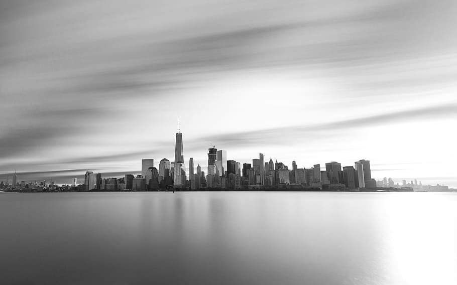 grayscale photography of cityscape, black and white, skyline, HD wallpaper