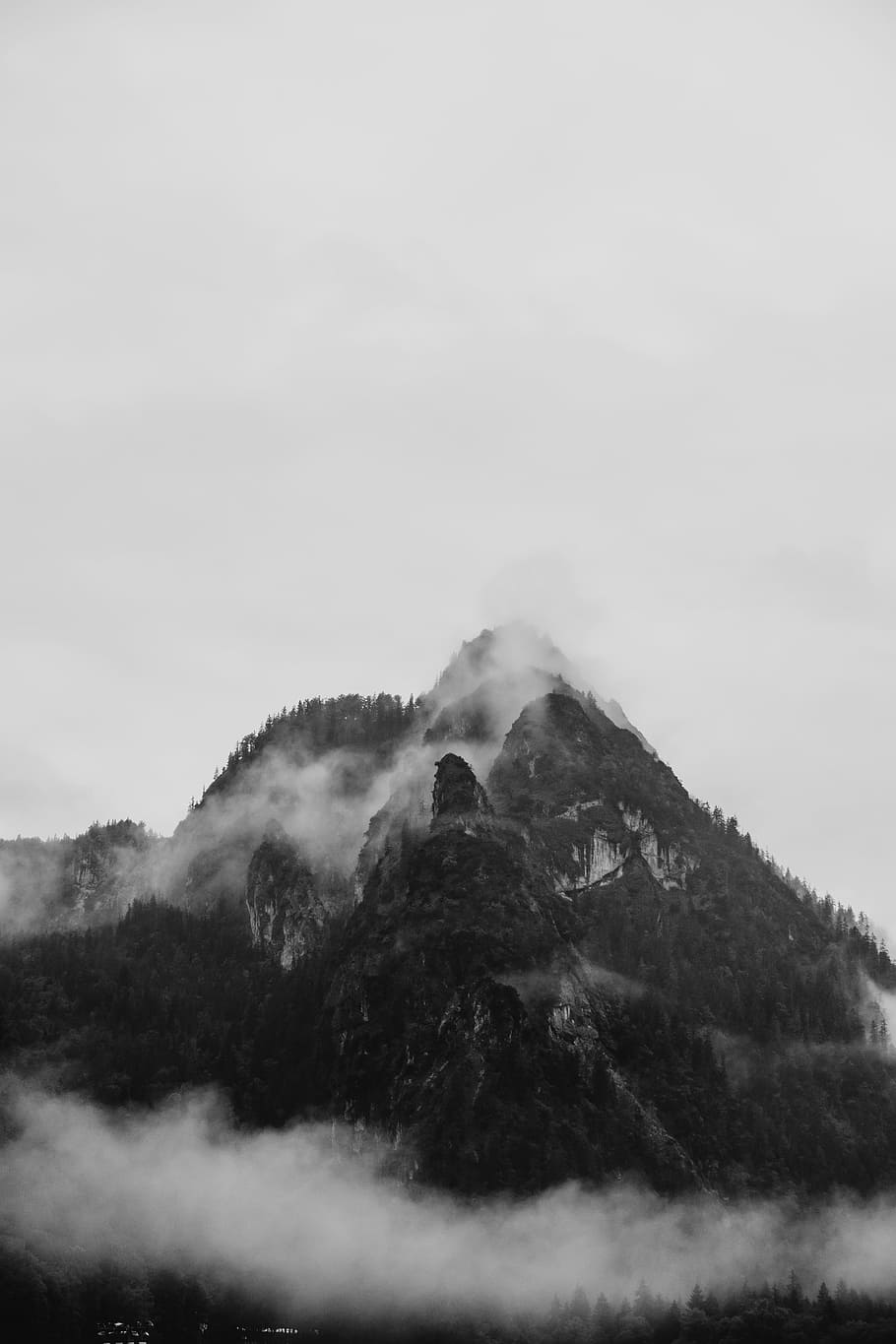 grayscale photography of mountain, cloud, mist, fog, nature, outdoors HD wallpaper