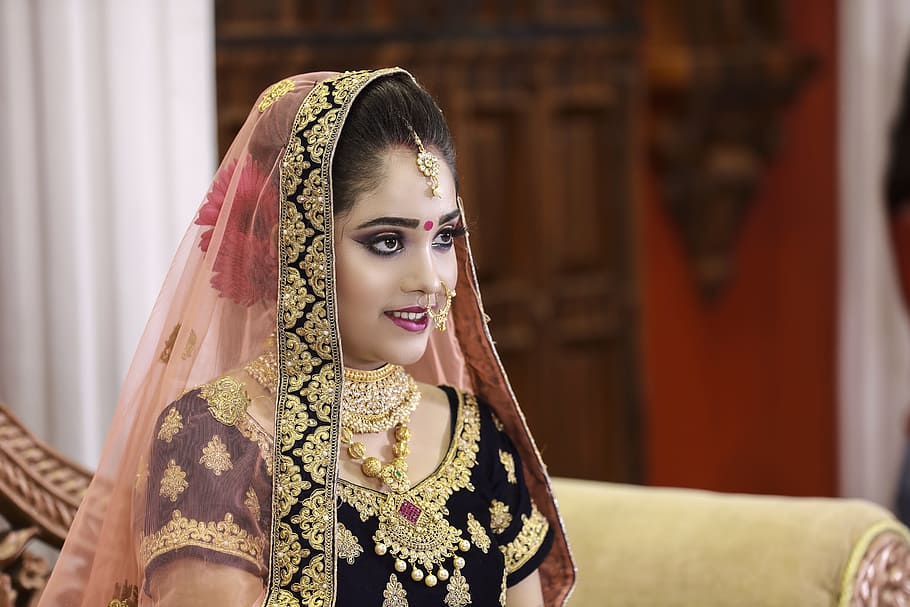 Woman Wearing Black and Gold Sari, beautiful, bride, culture