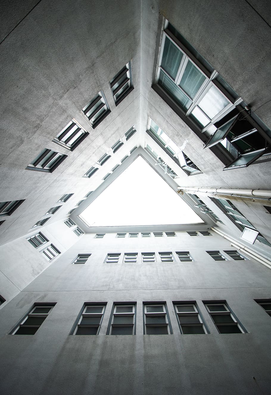 worm's eye view of building, lookup, triangle, almost, sky, symmetry HD wallpaper