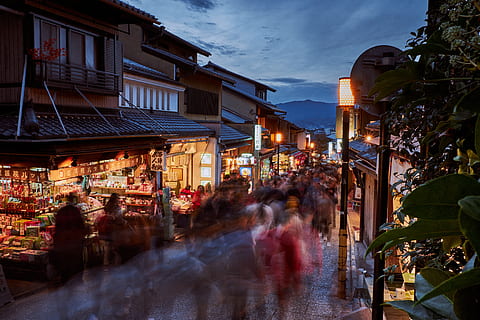 lighted buildings at night, human, person, pedestrian, kyoto HD wallpaper