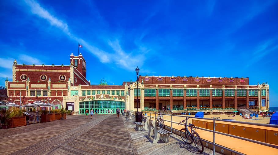 paramount theatre, asbury park, tourism, boardwalk, sky, clouds, HD wallpaper