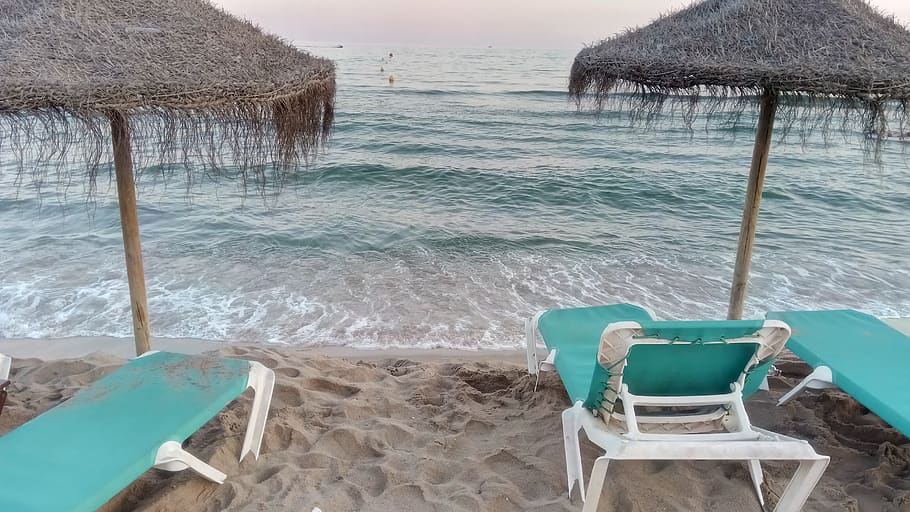 beach, poolside snack bar, sea, chair, water, seat, thatched roof HD wallpaper