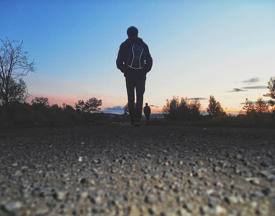sunset, road, one person, real people, sky, lifestyles, full length HD wallpaper