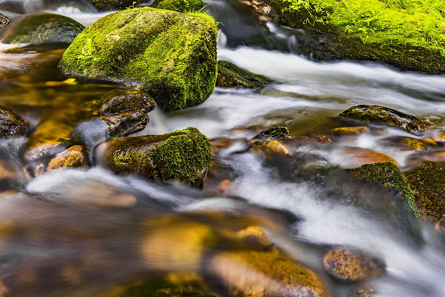 Closeup Photo Body of Water and Green Stone, blur, boulders, environment HD wallpaper
