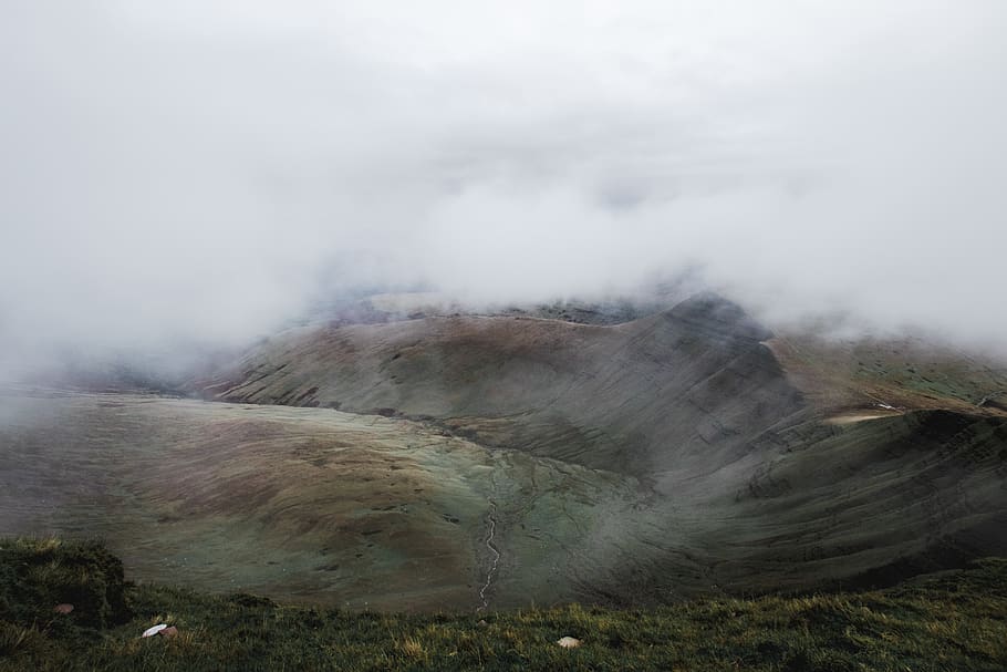 open field under white clouds, mountain, nature, outdoors, volcano HD wallpaper