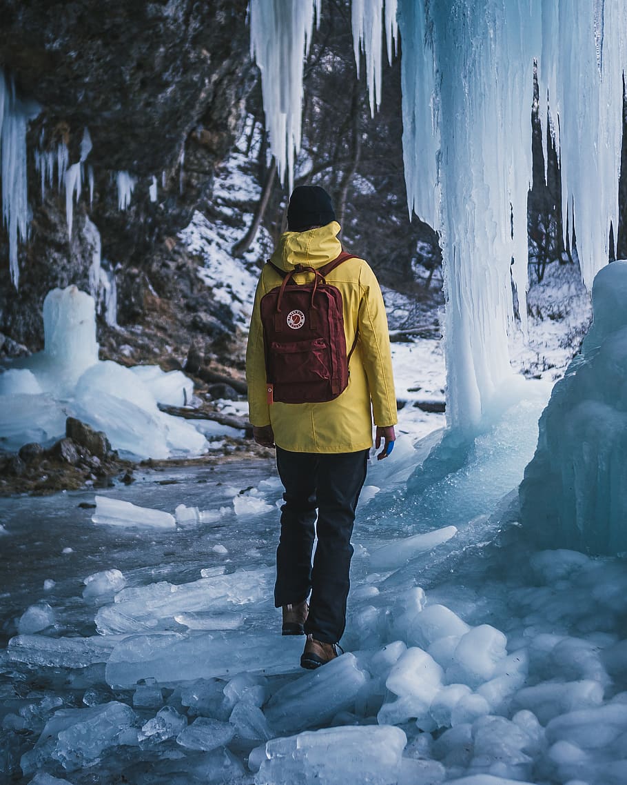 man carrying red backpack, ice, outdoors, nature, person, human HD wallpaper