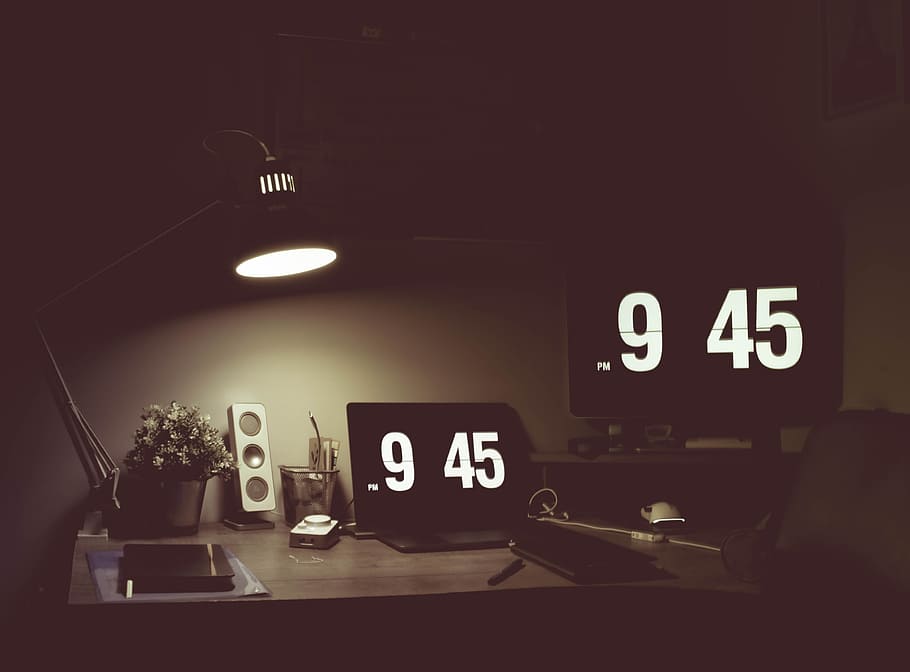 Turned on Black Desk Lamp on Top of Table, alarm clock, clockwork HD wallpaper