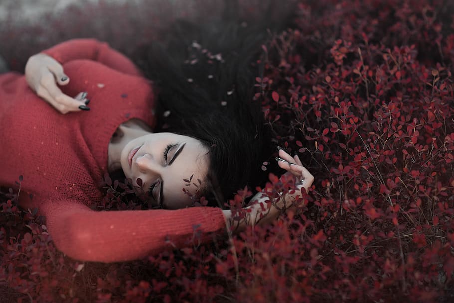 red, leaves, falling, autumn, model, beauty, girl ,people, lying down HD wallpaper