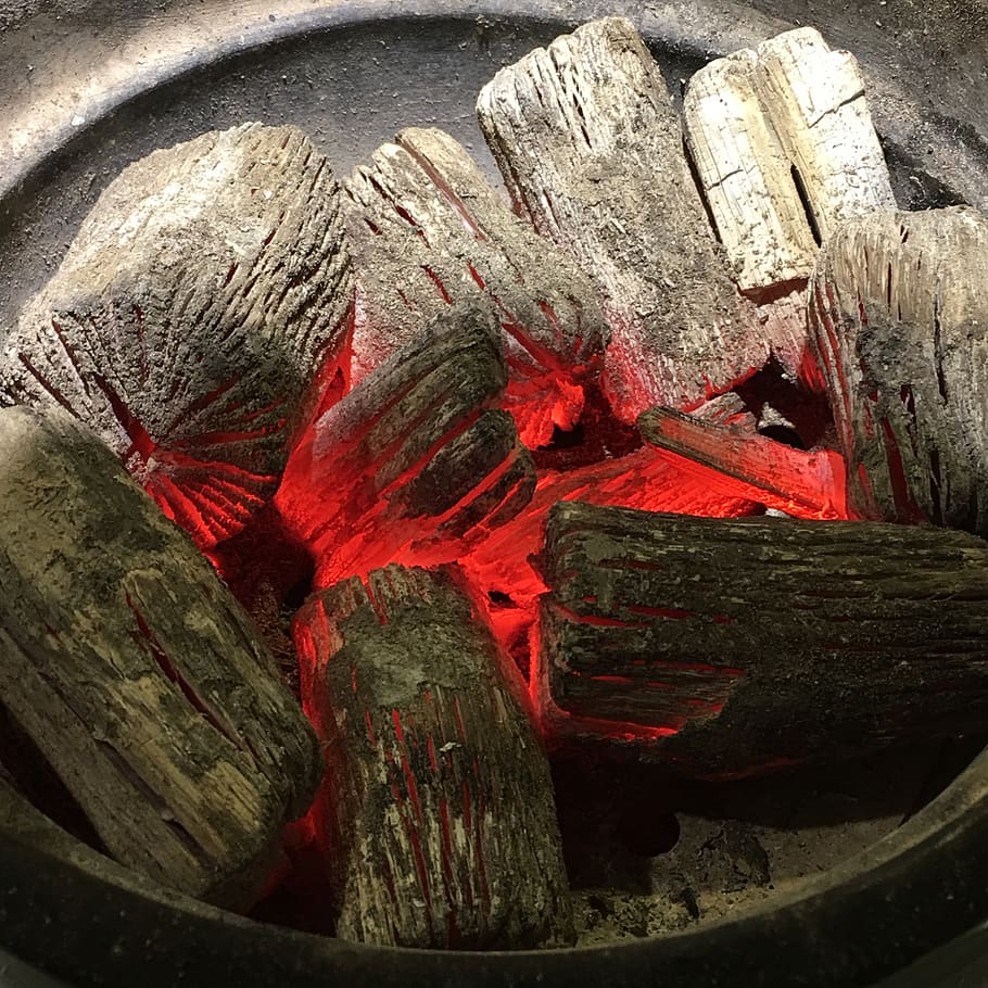 fire, charcoal, no people, wood - material, close-up, red, log HD wallpaper