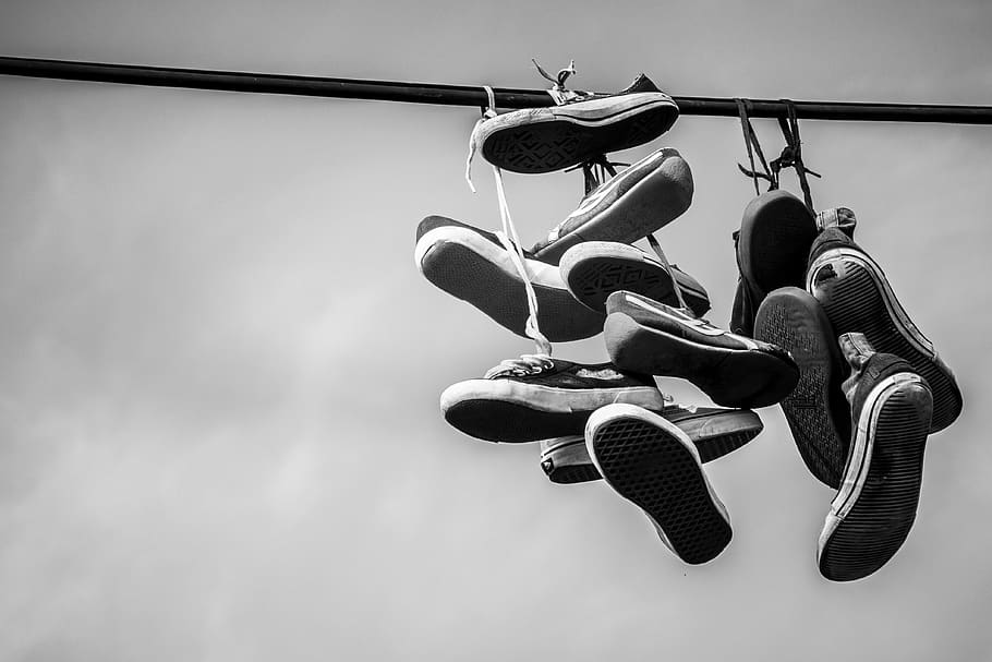 shoes, leash, sneakers, hang, shoelaces, hanging, sky, low angle view, HD wallpaper