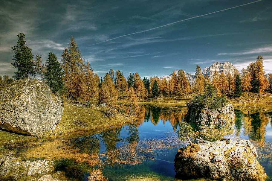 lago federa, autumn, sky, dolomites, landscape, nature, alpine, HD wallpaper