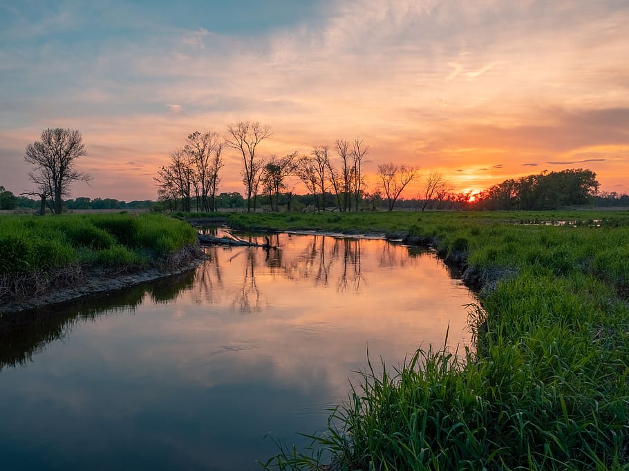 river surrounded by grass, sky, water, sunset, reflection, beauty in nature HD wallpaper
